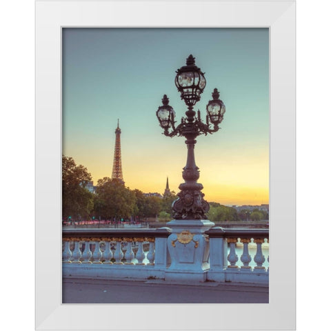 Street light on a bridge with Eiffel Tower in bakcground, Paris, France White Modern Wood Framed Art Print by Frank, Assaf