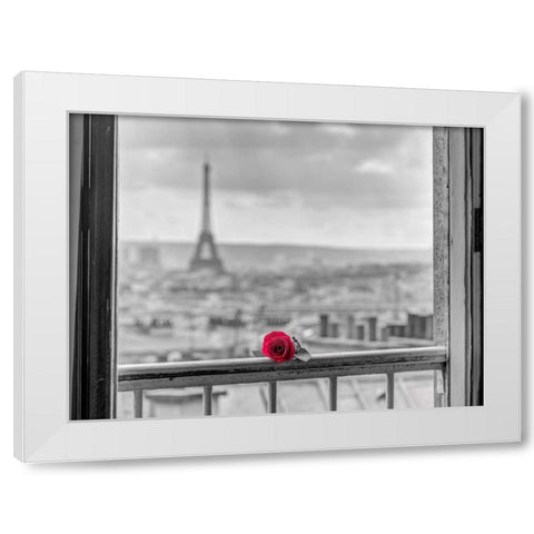 Rose on balcony railing with Eiffel Tower in background, Paris, France White Modern Wood Framed Art Print by Frank, Assaf