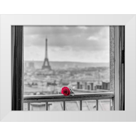 Rose on balcony railing with Eiffel Tower in background, Paris, France White Modern Wood Framed Art Print by Frank, Assaf