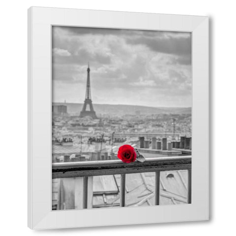 Rose on balcony railing with Eiffel Tower in background, Paris, France White Modern Wood Framed Art Print by Frank, Assaf