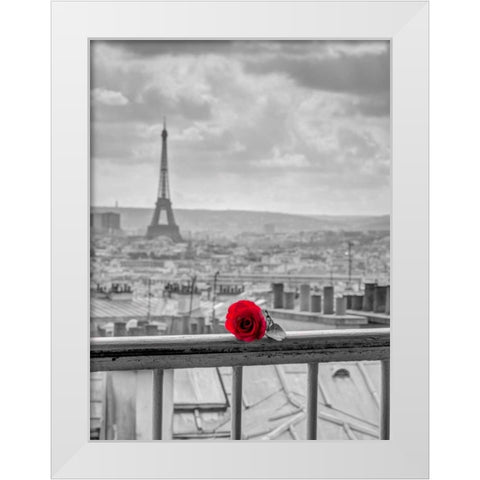 Rose on balcony railing with Eiffel Tower in background, Paris, France White Modern Wood Framed Art Print by Frank, Assaf