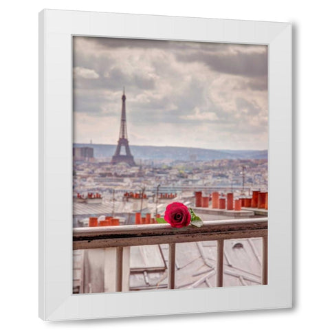 Rose on balcony railing with Eiffel Tower in background, Paris, France White Modern Wood Framed Art Print by Frank, Assaf