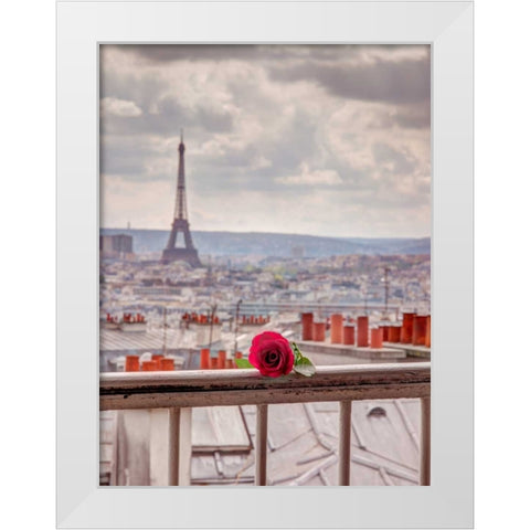 Rose on balcony railing with Eiffel Tower in background, Paris, France White Modern Wood Framed Art Print by Frank, Assaf