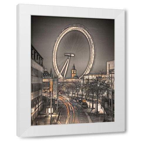 Night shot of London street with Millennium wheel in background White Modern Wood Framed Art Print by Frank, Assaf