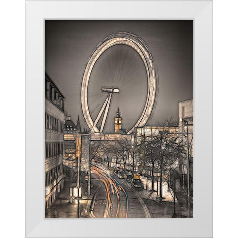 Night shot of London street with Millennium wheel in background White Modern Wood Framed Art Print by Frank, Assaf