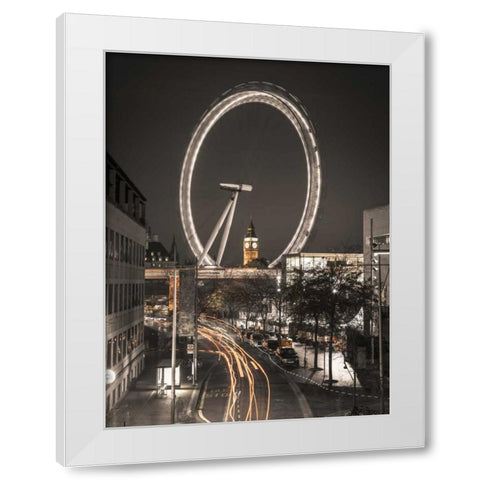 Night shot of London street with Millennium wheel in background White Modern Wood Framed Art Print by Frank, Assaf