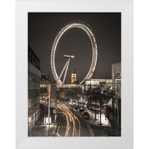 Night shot of London street with Millennium wheel in background White Modern Wood Framed Art Print by Frank, Assaf