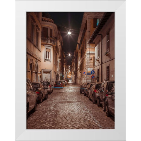 Vehicles parked on narrow city streets of Rome, Italy White Modern Wood Framed Art Print by Frank, Assaf