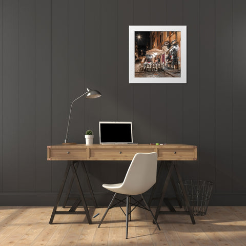 Sidewalk cafe on narrow streets of Rome, Italy, FTBR-1804 White Modern Wood Framed Art Print by Frank, Assaf