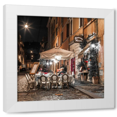 Sidewalk cafe on narrow streets of Rome, Italy, FTBR-1804 White Modern Wood Framed Art Print by Frank, Assaf