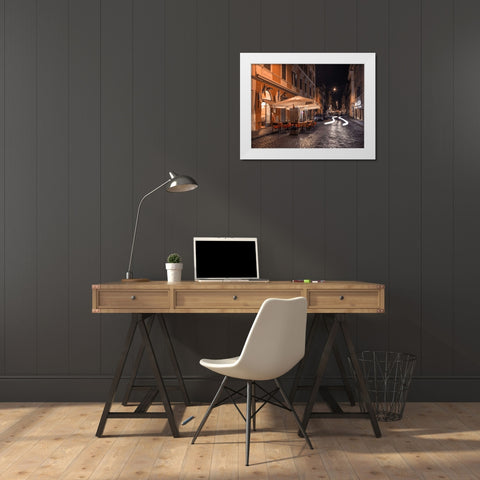 Sidewalk cafe on narrow streets of Rome, Italy, FTBR-1825 White Modern Wood Framed Art Print by Frank, Assaf
