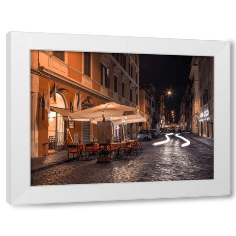 Sidewalk cafe on narrow streets of Rome, Italy, FTBR-1825 White Modern Wood Framed Art Print by Frank, Assaf