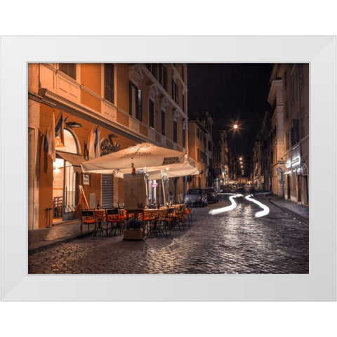 Sidewalk cafe on narrow streets of Rome, Italy, FTBR-1825 White Modern Wood Framed Art Print by Frank, Assaf