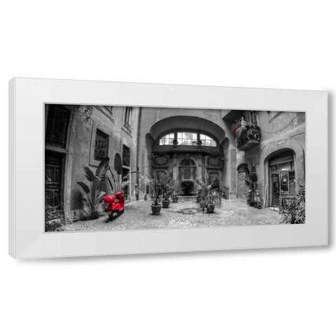 Old Fashioned house with potted plants and scooter, Rome, Italy White Modern Wood Framed Art Print by Frank, Assaf