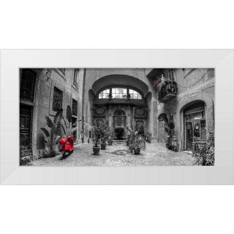 Old Fashioned house with potted plants and scooter, Rome, Italy White Modern Wood Framed Art Print by Frank, Assaf