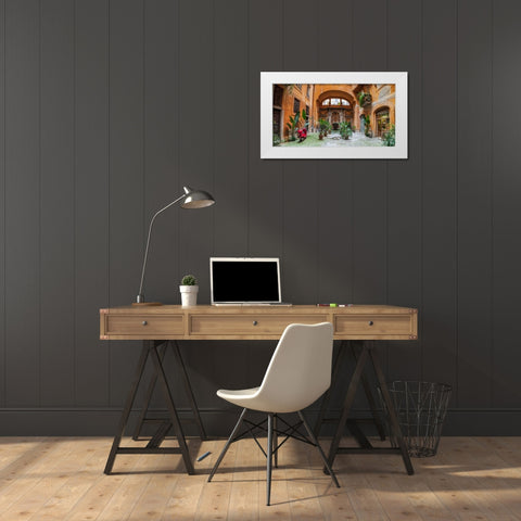 Old Fashioned house with potted plants and scooter, Rome, Italy White Modern Wood Framed Art Print by Frank, Assaf