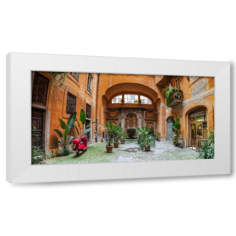 Old Fashioned house with potted plants and scooter, Rome, Italy White Modern Wood Framed Art Print by Frank, Assaf