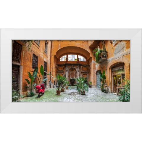 Old Fashioned house with potted plants and scooter, Rome, Italy White Modern Wood Framed Art Print by Frank, Assaf