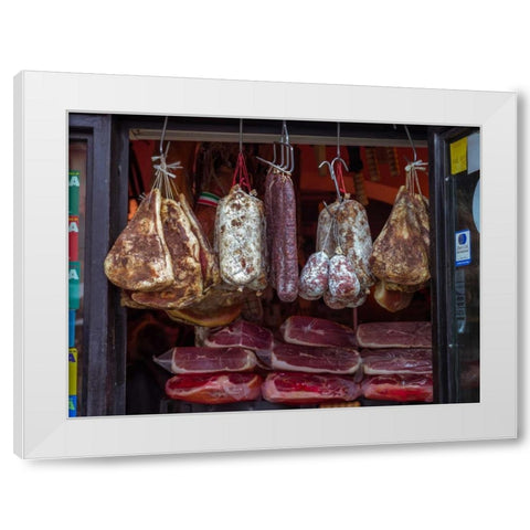 Various salami hanging in a window of an Italian Salami shop, Rome, Italy White Modern Wood Framed Art Print by Frank, Assaf