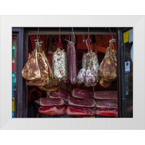 Various salami hanging in a window of an Italian Salami shop, Rome, Italy White Modern Wood Framed Art Print by Frank, Assaf