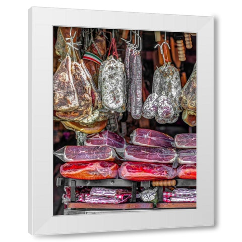Various salami hanging in a window of an Italian Salami shop, Rome, Italy White Modern Wood Framed Art Print by Frank, Assaf