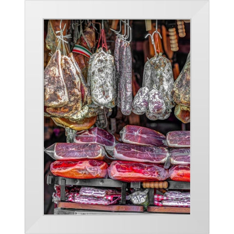 Various salami hanging in a window of an Italian Salami shop, Rome, Italy White Modern Wood Framed Art Print by Frank, Assaf