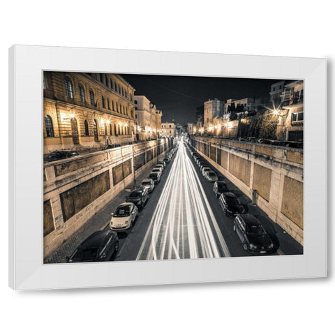 Strip Lights on road, Rome, Italy White Modern Wood Framed Art Print by Frank, Assaf