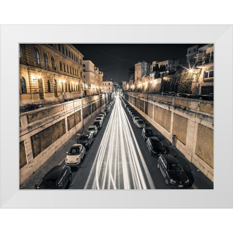 Strip Lights on road, Rome, Italy White Modern Wood Framed Art Print by Frank, Assaf