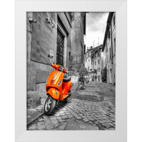 Scooter parked in narrow street of Rome, Italy White Modern Wood Framed Art Print by Frank, Assaf