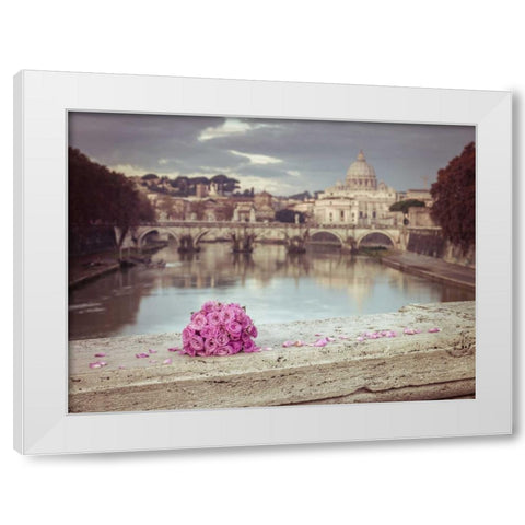 Bunch of roses on bridge with Basilica di San Pietro in Vatican, Rome, Italy White Modern Wood Framed Art Print by Frank, Assaf