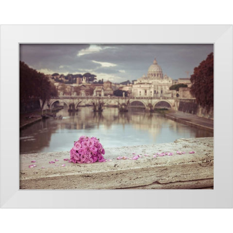 Bunch of roses on bridge with Basilica di San Pietro in Vatican, Rome, Italy White Modern Wood Framed Art Print by Frank, Assaf