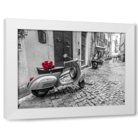 Old scooter with bunch of roses on narrow street of Rome White Modern Wood Framed Art Print by Frank, Assaf