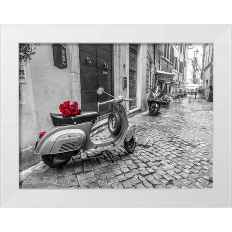 Old scooter with bunch of roses on narrow street of Rome White Modern Wood Framed Art Print by Frank, Assaf