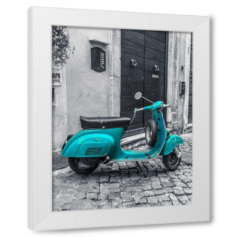 Old scooter on narrow street of Rome White Modern Wood Framed Art Print by Frank, Assaf