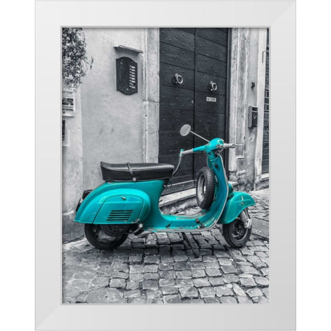 Old scooter on narrow street of Rome White Modern Wood Framed Art Print by Frank, Assaf