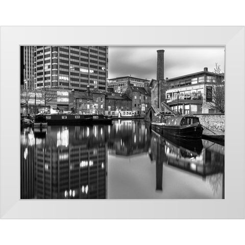 Narrow canal with small boats in Birmingham, UK White Modern Wood Framed Art Print by Frank, Assaf