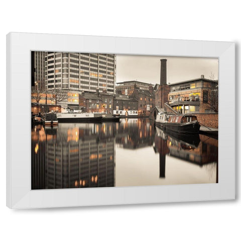 Narrow canal with small boats in Birmingham, UK White Modern Wood Framed Art Print by Frank, Assaf