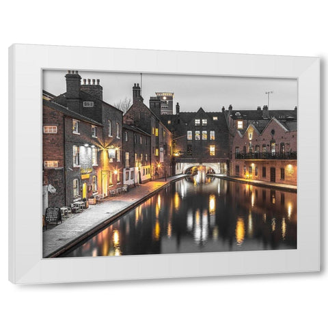 View of Gas street basin at evening in Birmingham, UK White Modern Wood Framed Art Print by Frank, Assaf