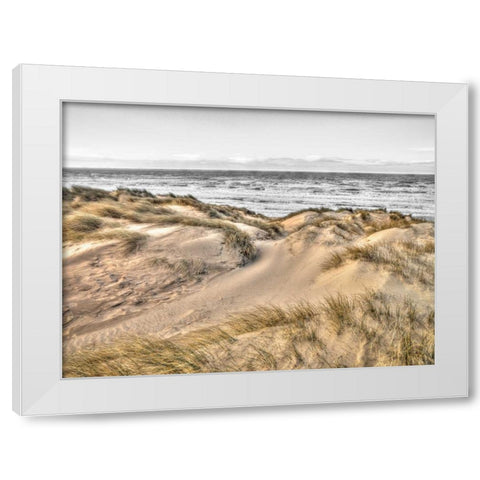 Tranquil beach with grass, Blackpool, UK White Modern Wood Framed Art Print by Frank, Assaf