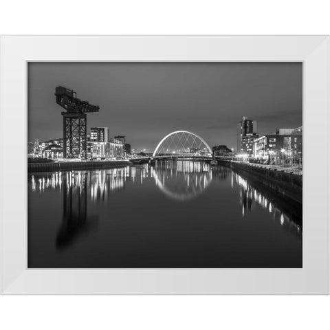 View along the river Clyde at night, Glasgow, FTBR-1806 White Modern Wood Framed Art Print by Frank, Assaf