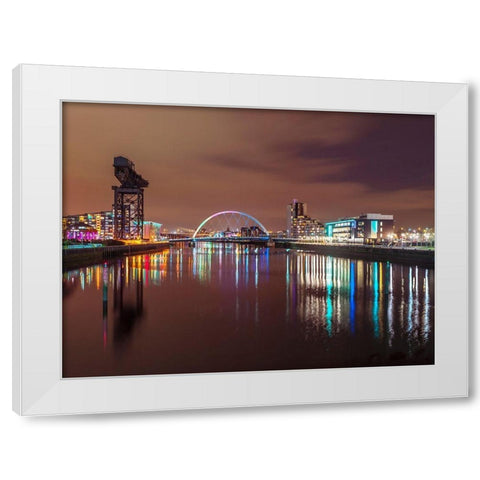 View along the river Clyde at night-Glasgow White Modern Wood Framed Art Print by Frank, Assaf