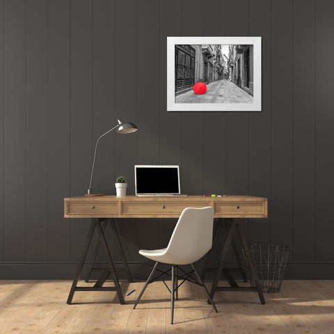Red umbrella on narrow street of Birgu, malta White Modern Wood Framed Art Print by Frank, Assaf