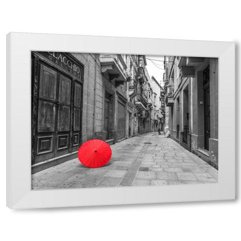 Red umbrella on narrow street of Birgu, malta White Modern Wood Framed Art Print by Frank, Assaf