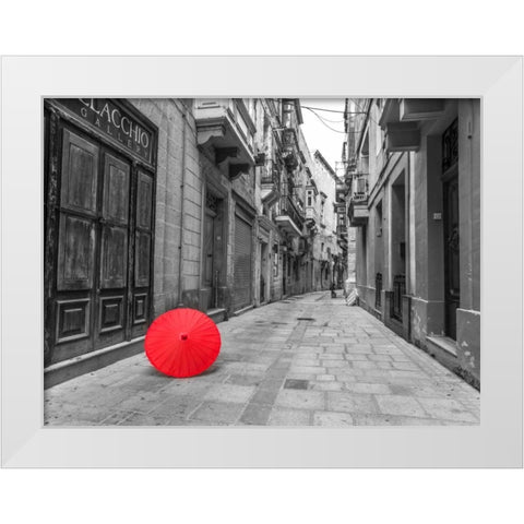 Red umbrella on narrow street of Birgu, malta White Modern Wood Framed Art Print by Frank, Assaf