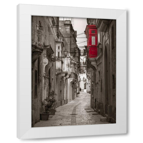 Narrow street through traditional maltese houses in Birgu, Malta White Modern Wood Framed Art Print by Frank, Assaf