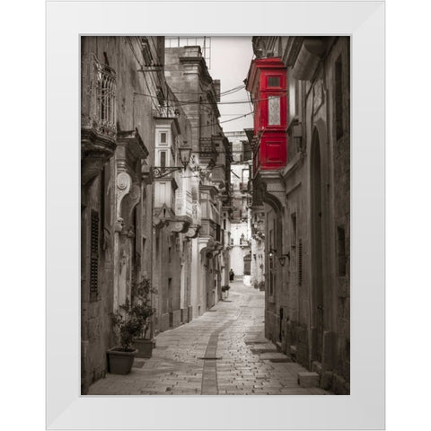 Narrow street through traditional maltese houses in Birgu, Malta White Modern Wood Framed Art Print by Frank, Assaf