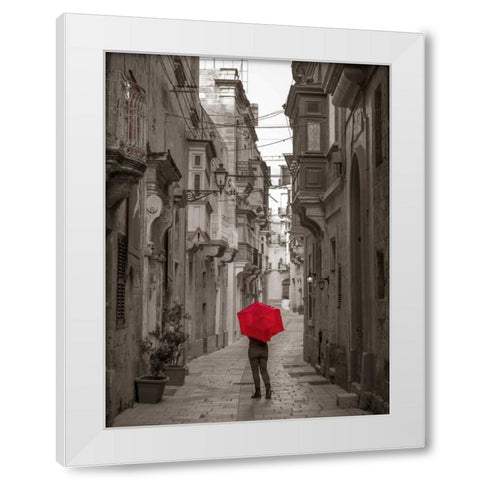 Tourist with umbrella at narrow street on Birgu, Malta White Modern Wood Framed Art Print by Frank, Assaf