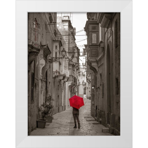 Tourist with umbrella at narrow street on Birgu, Malta White Modern Wood Framed Art Print by Frank, Assaf