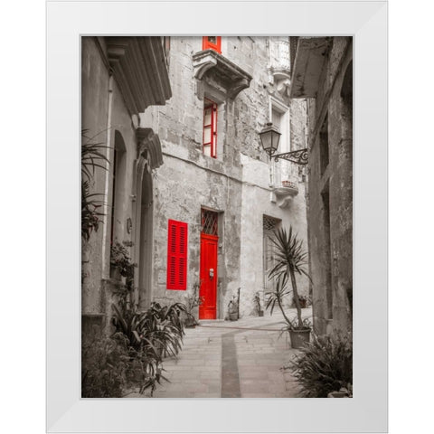 Narrow street through traditional maltese houses in Birgu, Malta White Modern Wood Framed Art Print by Frank, Assaf