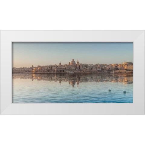 The harbour and St. Pauls Anglican Cathedral at Valletta, Malta White Modern Wood Framed Art Print by Frank, Assaf